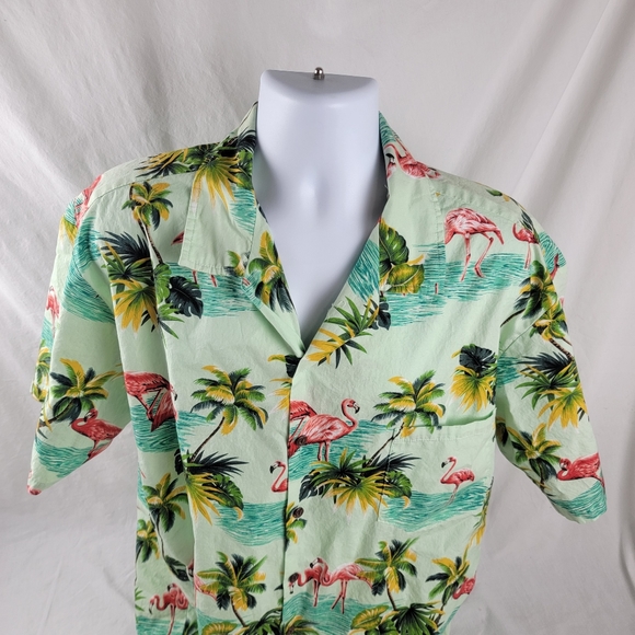 Pacific Legend Mens Hawaiian Shirt Button Flamingos Green Pink XL Extra Large - Picture 2 of 8